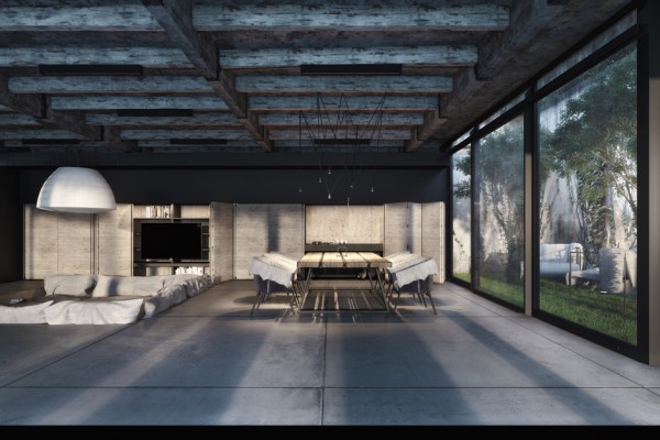 Styled Home Maximized Industrial Styled Home Unitary Room Maximized For Living And Dining Space Decorated With Mounted Beams Dream Homes Modern Industrial Interior Design With Exposed Ceiling And Structural Glass Floors