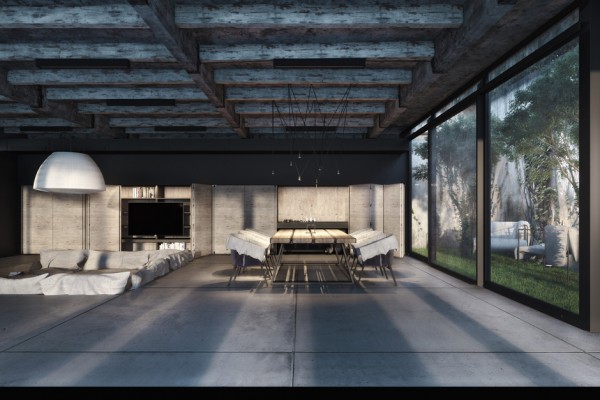 Styled Home Maximized Industrial Styled Home Unitary Room Maximized For Living And Dining Space Decorated With Mounted Beams Dream Homes  Modern Industrial Interior Design With Exposed Ceiling And Structural Glass Floors