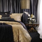 Bedroom Design Comfy Inspiring Bedroom Design Of Stunning Aura Comfy Bed Linen Bedroom With Golden Cover Of Pendant Lamp And Black Colored Curtains Bedroom Beautiful Bed Linens From The Adorable Aura Bedroom Themes