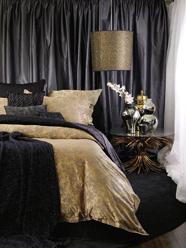Bedroom Design Comfy Inspiring Bedroom Design Of Stunning Aura Comfy Bed Linen Bedroom With Golden Cover Of Pendant Lamp And Black Colored Curtains Bedroom Beautiful Bed Linens From The Adorable Aura Bedroom Themes