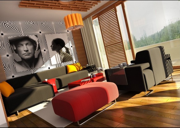 Contemporary Loft Loud Inspiring Contemporary Loft With Busy Loud Colors Decoration For Spacious Living Room Decor Mixed With Black Sofas Fireplace Astonishing Modern Living Room Design With Glass Wall Decorations