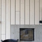 Firepace On Striped Inspiring Fireplace On White Wooden Striped Wall In Chimney House Furnished With Black Mud Basket On Gray Floor Architecture Elegant Chimney House With Striped Walls And Rectangular Floor Plans
