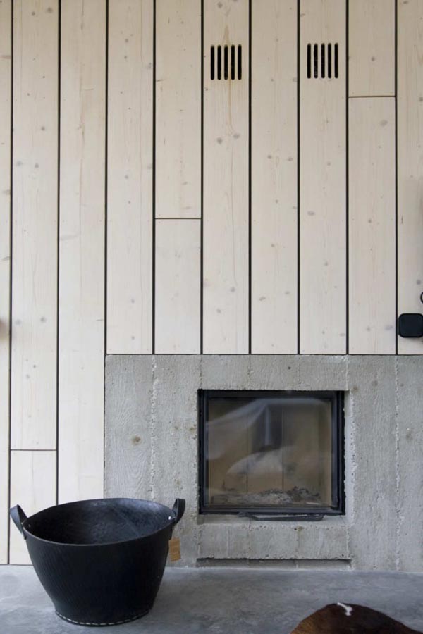 Firepace On Striped Inspiring Fireplace On White Wooden Striped Wall In Chimney House Furnished With Black Mud Basket On Gray Floor Architecture  Elegant Chimney House With Striped Walls And Rectangular Floor Plans