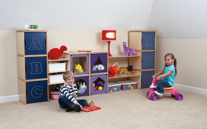 Clean Palette And Interesting Clean Palette Natural Wood And Navy Storage Units Usually Installed In Kids Room Involved Night Lamp On It Kids Room Cheerful Kid Playroom With Various Themes And Colorful Design