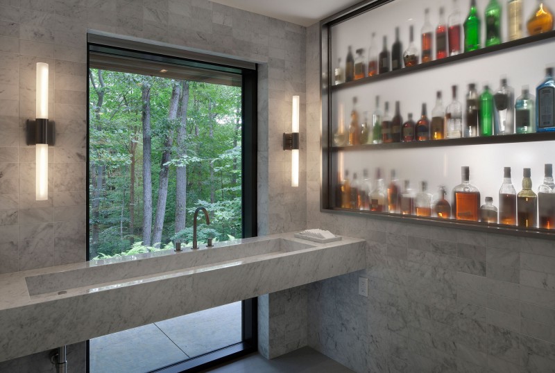 Wooden Glass Completed Interesting Wooden Glass Wine Cellar Completed With Marble Patterned Countertop And Iron Faucet In New Canaan Residence Dream Homes  Charming Modern House With Beautiful Courtyard And Structures