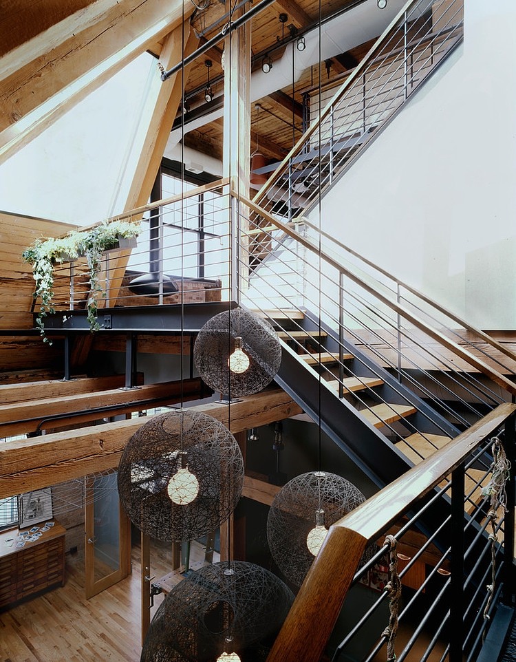 Wooden Stairwell West Interesting Wooden Stair Design In West Loop Aerie Scrafano Architects That Black Pendant Lamps Complete The Room Architecture  Small Home Design With Splendid Wood Pillars And Steel Construction