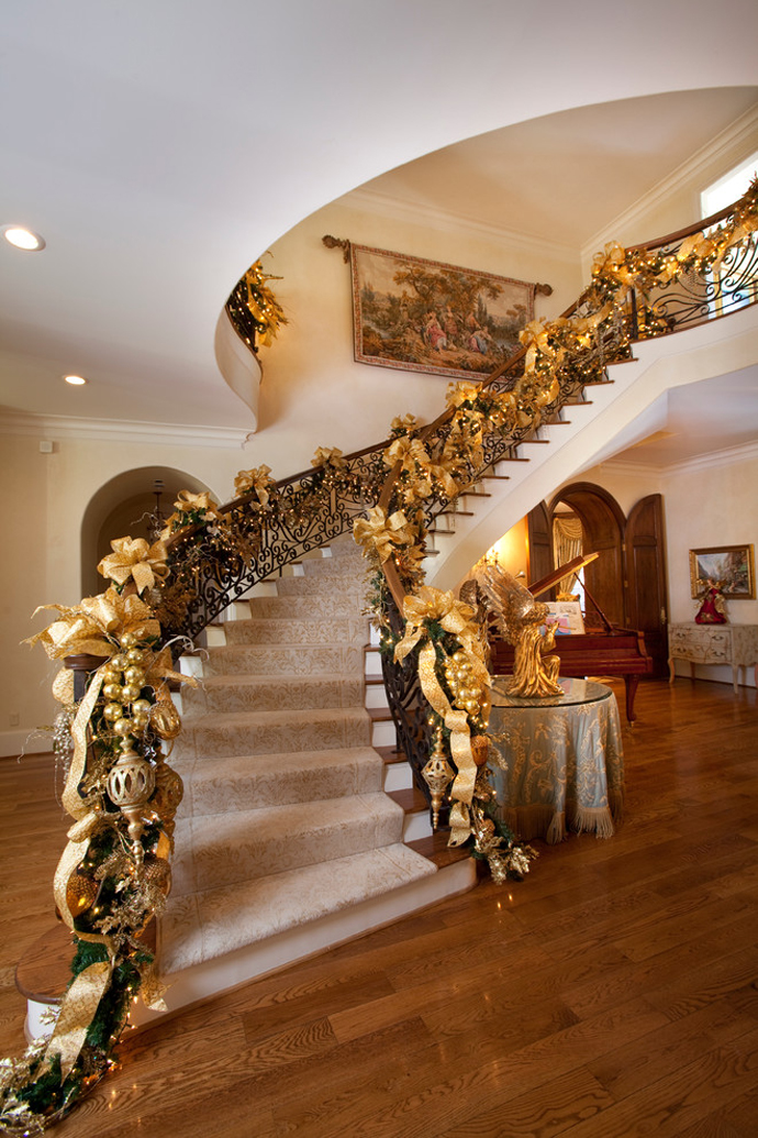 Staircase Christmas Golden Inviting Staircase Christmas Decor Integrating Golden Jingle Bells Ribbon And Gorgeous Engraved Railing The Steps Decoration  Magnificent Christmas Decorations On The Staircase Railing