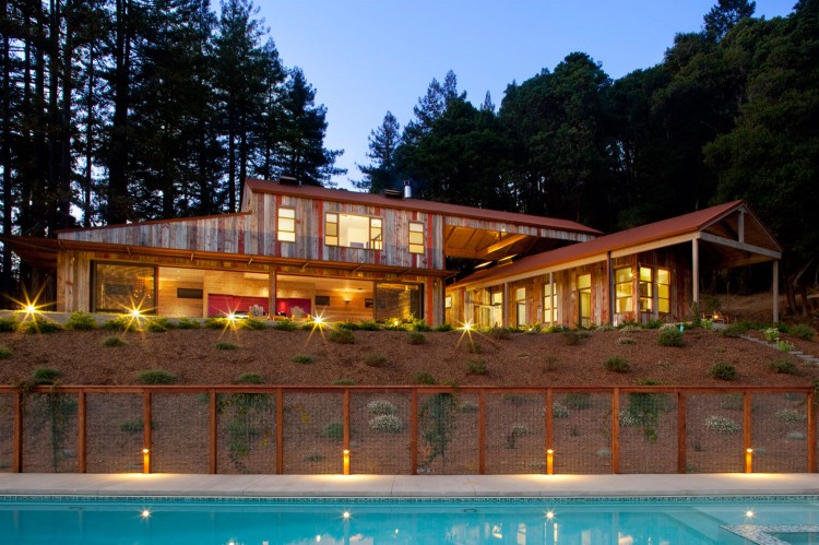 Two Floor Building Inviting Two Floor Aptos Retreat Building Seen By Night With Dim Light Illuminating The Living Space And Landscape Dream Homes Elegant Modern Family Retreat With Cozy Red Kitchen Colors