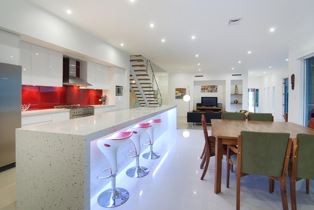 Modern Kitchen White Lavish Modern Kitchen Design Applied White Granite Countertop And Stylish Stools With Led Under Cabinet Lighting Decoration Stylish Home With Smart Led Under Cabinet Lighting Systems For Attractive Styles