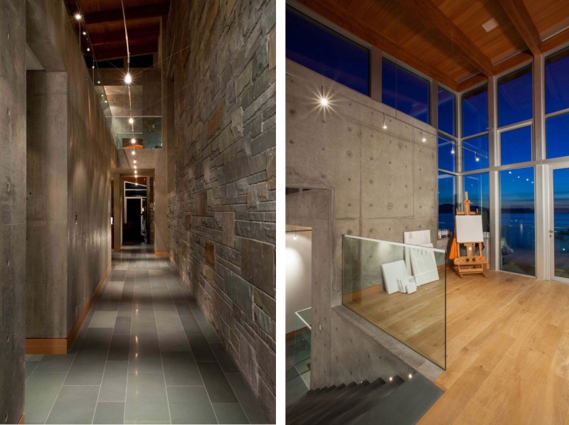 Corridor With Wall Long Corridor With Small Stone Wall Panel Shiny Ceiling Lights Rustic Wood Floor Steep Concrete Staircase With Glass Railing In Pender Harbour House Architecture Stunning Waterfront House With Lush Forest Landscape