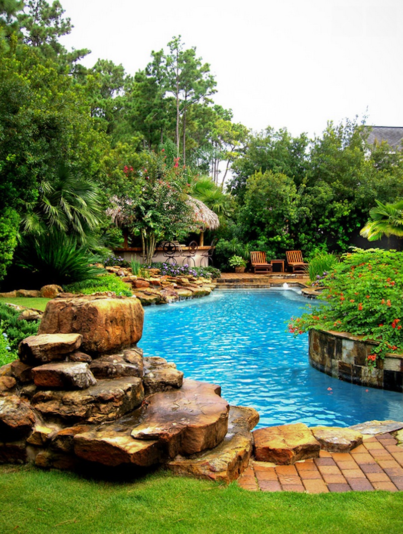 Backyard Landscape Shape Lovely Backyard Landscape With Lake Shape Pool Surrounded By Lush Vegetation And Rustic Pergola At The Corner Swimming Pool Amazing Cool Swimming Pool Bringing Beautiful Exterior Style