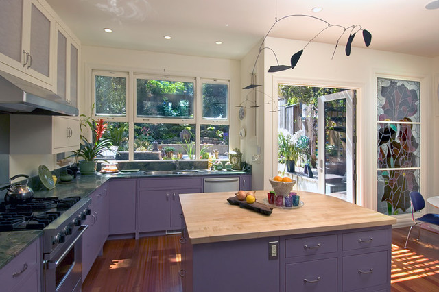 Purple Painted At Lovely Purple Painted Kitchen Cabinet At Eclectic Kitchen Interior With Small Island Applied Granite Countertop Ideas Kitchens Colorful Kitchen Cabinets For Eye Catching Paint Colors
