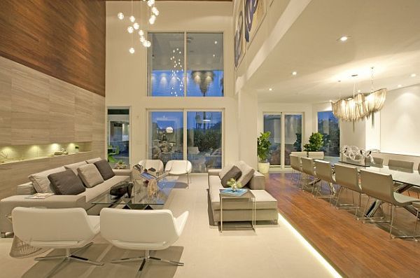 Living Room Ceiling Luxury Living Room With High Ceiling Lamps In Unique Shape That Glass Table Feat White Chairs Add Classy Design Decoration  Artistic High Ceiling Decorating In Bright Room Interior Style 