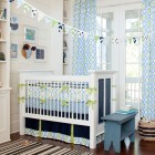 Blue And Modern Masculine Blue And White Themed Modern Crib Bedding Decorated With Patterned Curtain Banner And Arts Kids Room Inspirational Modern Crib Bedding With Lovely Color Combination
