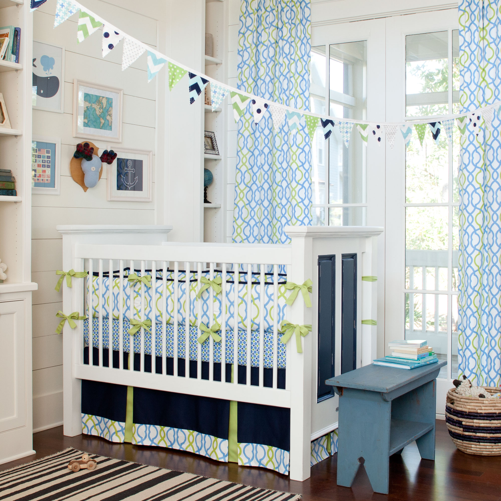 Blue And Modern Masculine Blue And White Themed Modern Crib Bedding Decorated With Patterned Curtain Banner And Arts Kids Room  Inspirational Modern Crib Bedding With Lovely Color Combination