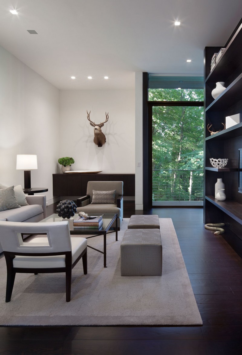 Wooden Open The Mesmerizing Wooden Open Cabinets In The Living Room Installed With White Gray Sofas Sets And Animal Wall Art For New Canaan Residence Dream Homes  Charming Modern House With Beautiful Courtyard And Structures