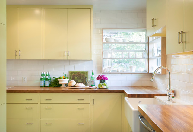 Kitchen Interior Yellow Modern Kitchen Interior Design With Yellow Painted Kitchen Cabinet And White Tile Backsplash And Wooden Countertop Kitchens Colorful Kitchen Cabinets For Eye Catching Paint Colors