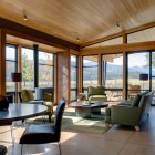 Living Room Green Neat Living Room Design With Green Chairs Feat Wooden Table In Wolf Creek Residence That Glass Wall Decoration Decoration Fabulous Contemporary Cabin Among The Beautiful Scenery View