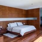 Tiled Wall On Nice Tiled Wall For Bedroom On The Wooden Floor In Casa Villa De Loreto Residence Beautified With White Fur Rug Dream Homes Spacious Modern Concrete House With Steel Frame And Glass Elements