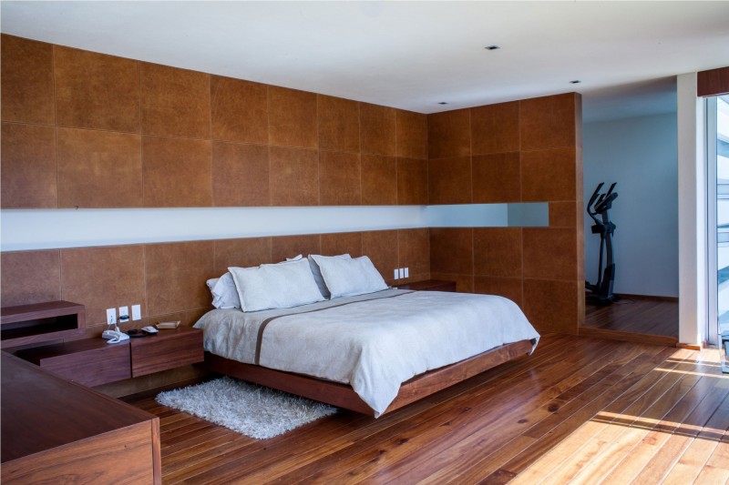 Tiled Wall On Nice Tiled Wall For Bedroom On The Wooden Floor In Casa Villa De Loreto Residence Beautified With White Fur Rug Dream Homes Spacious Modern Concrete House With Steel Frame And Glass Elements