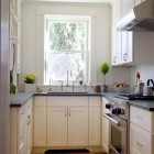 White Kitchen Dark Old White Kitchen Cabinet With Dark Countertop Stainless Steel Faucet Small Glass Window Rustic Wood Floor Natural Ornamental Plants Kitchens Simple How To Design A Kitchen Layout With Some Lovely Concepts