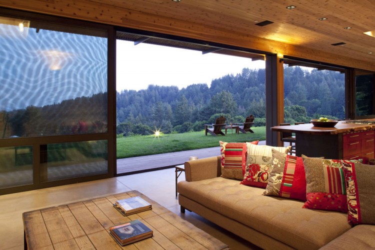 Green Field Wooden Relaxing Green Field Added With Wooden Lounge Seen From Aptos Retreat Living Room With Wooden Coffee Table Dream Homes Elegant Modern Family Retreat With Cozy Red Kitchen Colors
