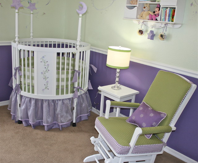 Baby Girl Enhanced Sexy Baby Girl Nursery Idea Enhanced With Purple And Green Skirted Round Crib Chair And White Nightstand Kids Room Adorable Round Crib Decorated By Vintage Ornaments In Small Room
