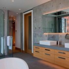 Led Light Floating Shiny LED Light Around Mirror Floating Wood Bathroom Vanity With Double Sinks Glass Shower Cabin Cool Pender Harbour House Architecture Stunning Waterfront House With Lush Forest Landscape