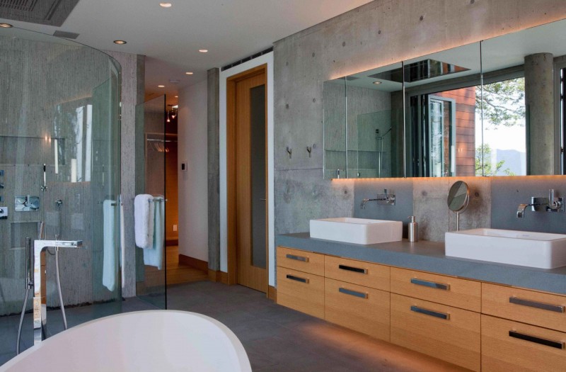 Led Light Floating Shiny LED Light Around Mirror Floating Wood Bathroom Vanity With Double Sinks Glass Shower Cabin Cool Pender Harbour House Architecture Stunning Waterfront House With Lush Forest Landscape