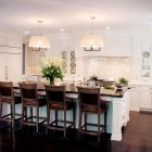 Pendant Lights Wood Shiny Pendant Lights Above Dark Wood Bar Stools Facing White Kitchen Cabinet Lovely Fake Flower Vintage White Kitchen Appliances Kitchens Simple How To Design A Kitchen Layout With Some Lovely Concepts