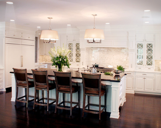 Pendant Lights Wood Shiny Pendant Lights Above Dark Wood Bar Stools Facing White Kitchen Cabinet Lovely Fake Flower Vintage White Kitchen Appliances Kitchens  Simple How To Design A Kitchen Layout With Some Lovely Concepts