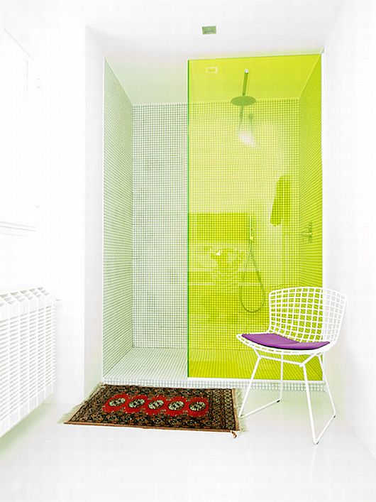 Yellow Shower Shower Shocking Yellow Shower Curtain Covering Shower Space On Bathroom Corner Of Sleek White Contemporary Villa In Madrid Apartments  Sophisticated Scandinavian Living Rooms As Inspirational Design For You