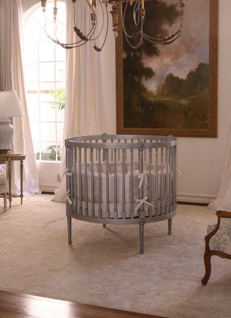 Grey Painted Without Simple Grey Painted Round Crib Without Canopy Placed On Center Of Room With Tall Painting On Center Wall Kids Room Adorable Round Crib Decorated By Vintage Ornaments In Small Room