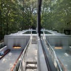 White Gray The Simple White Gray Fireplace On The Gray Wall Of Outside Lounge In The New Canaan Residence Beautified With Wooden Railing Dream Homes Charming Modern House With Beautiful Courtyard And Structures