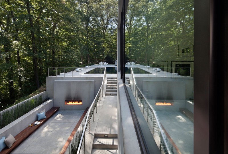 White Gray The Simple White Gray Fireplace On The Gray Wall Of Outside Lounge In The New Canaan Residence Beautified With Wooden Railing Dream Homes Charming Modern House With Beautiful Courtyard And Structures