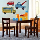 Wooden Kids Pottery Simple Wooden Kids Chairs And Pottery Barn Child's Room Table Chairs And Truck Wall Decals On White Blue Rug Kids Room Cheerful Kid Playroom With Various Themes And Colorful Design