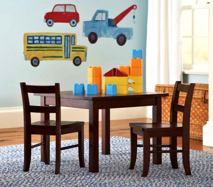 Wooden Kids Pottery Simple Wooden Kids Chairs And Pottery Barn Child's Room Table Chairs And Truck Wall Decals On White Blue Rug Kids Room Cheerful Kid Playroom With Various Themes And Colorful Design