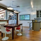 Open Floor Dining Sleek Open Floor Kitchen And Dining Area Design With Wooden Floor And Dark Wood Dining Table Modern Ranch House Decoration Stylish Modern Ranch Home Interior In Bright Color Decoration