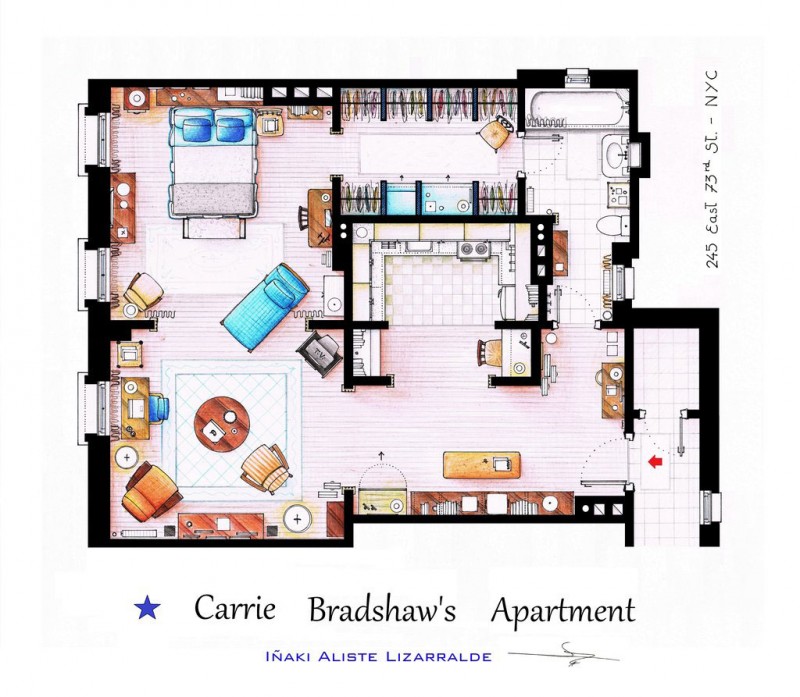 Carrie Bradshaws With Small Carrie Bradshaws Apartments Combined With TV Home Floor Plans Installed With Modular Coffee Table And Lounge Decoration  Imaginative Floor Plans Of Television Serial Movie House