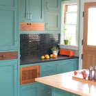 Contemporary Kitchen Turquoise Small Contemporary Kitchen Design With Turquoise Painted Kitchen Cabinet And Black Tile Backsplash And Countertop Kitchens Colorful Kitchen Cabinets For Eye Catching Paint Colors