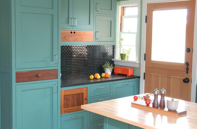 Contemporary Kitchen Turquoise Small Contemporary Kitchen Design With Turquoise Painted Kitchen Cabinet And Black Tile Backsplash And Countertop Kitchens  Colorful Kitchen Cabinets For Eye Catching Paint Colors