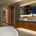 Led Light Bathroom Soft LED Light In Classy Bathroom Minimalist Wood Bathroom Vanity With Double Sinks Small Glass Shower Cabin Oval Shaped Bathtub Pender Harbour House Architecture Stunning Waterfront House With Lush Forest Landscape