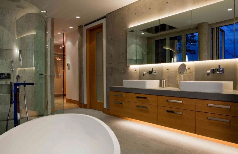 Led Light Bathroom Soft LED Light In Classy Bathroom Minimalist Wood Bathroom Vanity With Double Sinks Small Glass Shower Cabin Oval Shaped Bathtub Pender Harbour House Architecture  Stunning Waterfront House With Lush Forest Landscape