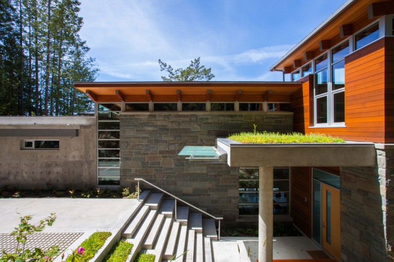 Contemporary Architectural House Splendid Contemporary Architectural Pender Harbour House With Green Roof Outdoor Concrete Staircase Tough Metallic Railing Stone Outdoor Wall Architecture Stunning Waterfront House With Lush Forest Landscape