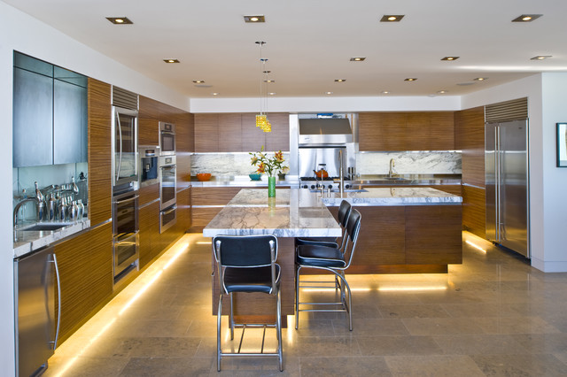 Kitchen With Cabinet Striking Kitchen With Led Under Cabinet Lighting Applied Glossy Wooden Cabinet And White Marble Countertop Idea Decoration  Stylish Home With Smart Led Under Cabinet Lighting Systems For Attractive Styles