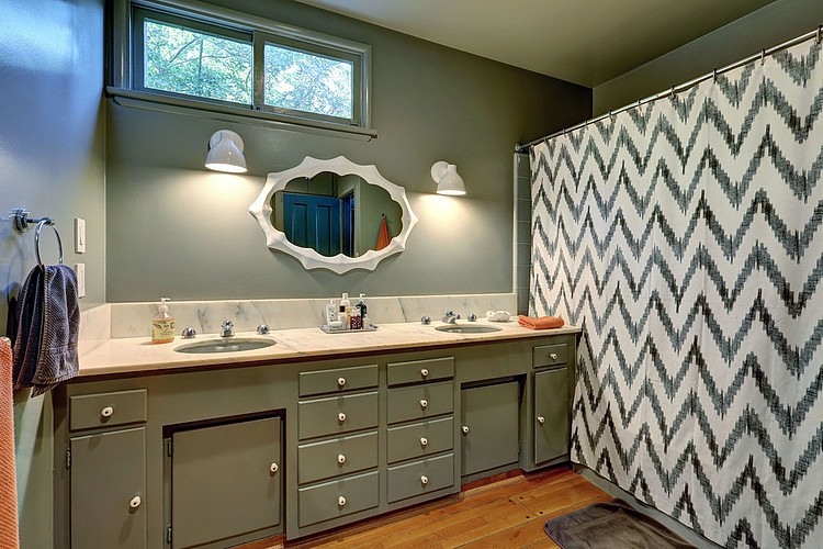 Bathroom Design Modern Stunning Bathroom Design Inside The Modern Ranch House With Green Painted Vanity And Chevron Curtain Shower Furniture Stylish Modern Ranch Home Interior In Bright Color Decoration