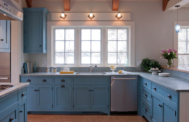 Beach Style Blue Stunning Beach Style Kitchen With Blue Kitchen Cupboards Ideas And Granite Countertop Also Beams Ceiling Ideas Kitchens Deluxe Kitchen Cupboards Ideas With Enchanting Kitchen Designs