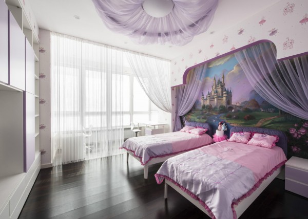 Bedroom Decor Theme Stunning Bedroom Decor With Purple Theme In A Modern Kids Room Including Dual Bedsteads On Wooden Board Flooring Nearby The Bay Windows Dream Homes  Create An Elegant Modern Apartment With Ivory White Paint Colors