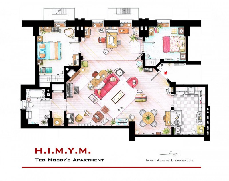 Interior Layout Mobbys Stunning Interior Layout Of Ted Mobbys Apartments Using TV Home Floor Plans Installed With Pink Colored Sofa And Tufted Lounge Decoration  Imaginative Floor Plans Of Television Serial Movie House