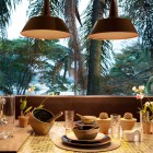 Layout Of And Stunning Layout Of Vintage Bowl And Glass Tumbler On Dining Table In Modern Decorative Terrace Beautified With Pendant Lamp Decoration Beautiful Bamboo Wall In Natural Terrace Decorations